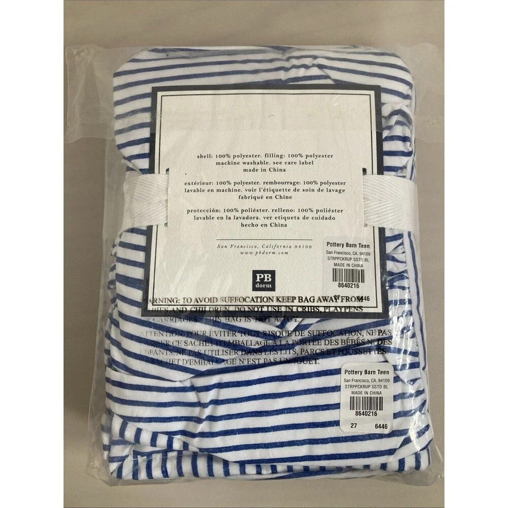 Pottery Barn Dorm Teen Painterly Stripe Pucker Up Sham Standard‎ Blue White